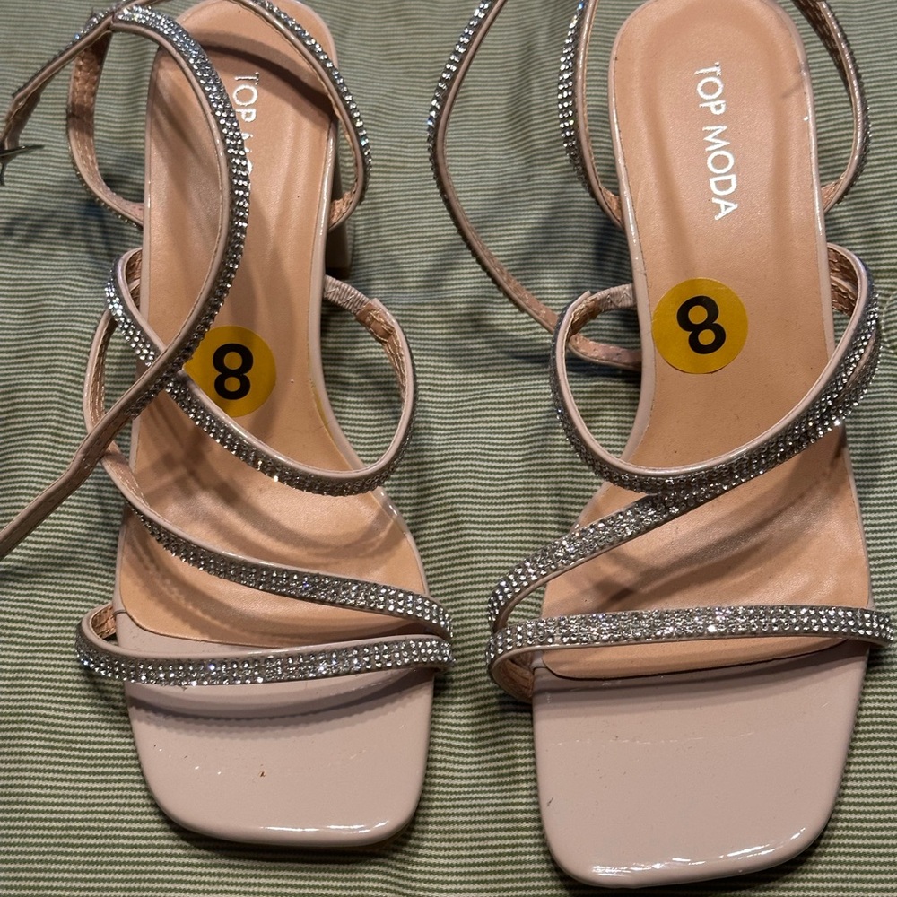 TOP Moda Cream Heels with Strappy Design and Rhinestone Embellishments
